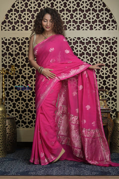 Shubh Lakshmi 2.0 ~ Handloom High Quality Pure Silk Chiffon Saree in Salient Pink (Silk Mark Certified)