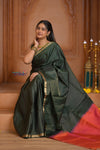 Shubh Lakshmi ~ Handloom High Quality Pure Soft Silk Tissue Saree in Royal Green and Red (Silk Mark Certified)