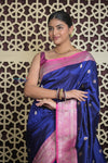 Shubh Lakshmi 2.0 ~ Handloom High Quality Pure Katan Silk Saree in Royal Blue and Salient Pink (Silk Mark Certified)