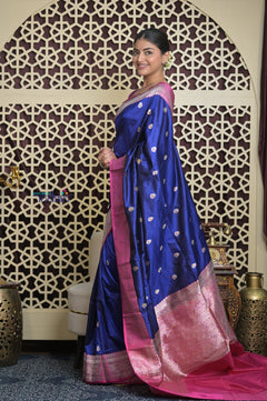 Shubh Lakshmi 2.0 ~ Handloom High Quality Pure Katan Silk Saree in Royal Blue and Salient Pink (Silk Mark Certified)