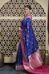 Shubh Lakshmi 2.0 ~ Handloom High Quality Pure Katan Silk Saree in Royal Blue and Salient Pink (Silk Mark Certified)