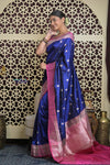 Shubh Lakshmi 2.0 ~ Handloom High Quality Pure Katan Silk Saree in Royal Blue and Salient Pink (Silk Mark Certified)