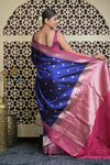 Shubh Lakshmi 2.0 ~ Handloom High Quality Pure Katan Silk Saree in Royal Blue and Salient Pink (Silk Mark Certified)