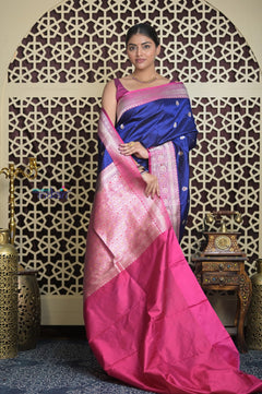 Shubh Lakshmi 2.0 ~ Handloom High Quality Pure Katan Silk Saree in Royal Blue and Salient Pink (Silk Mark Certified)