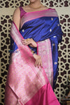 Shubh Lakshmi 2.0 ~ Handloom High Quality Pure Katan Silk Saree in Royal Blue and Salient Pink (Silk Mark Certified)
