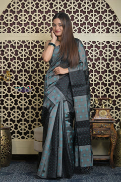 Shubh Lakshmi 2.0 ~ Designer Handloom Pure Soft Silk Saree in Black and Grey