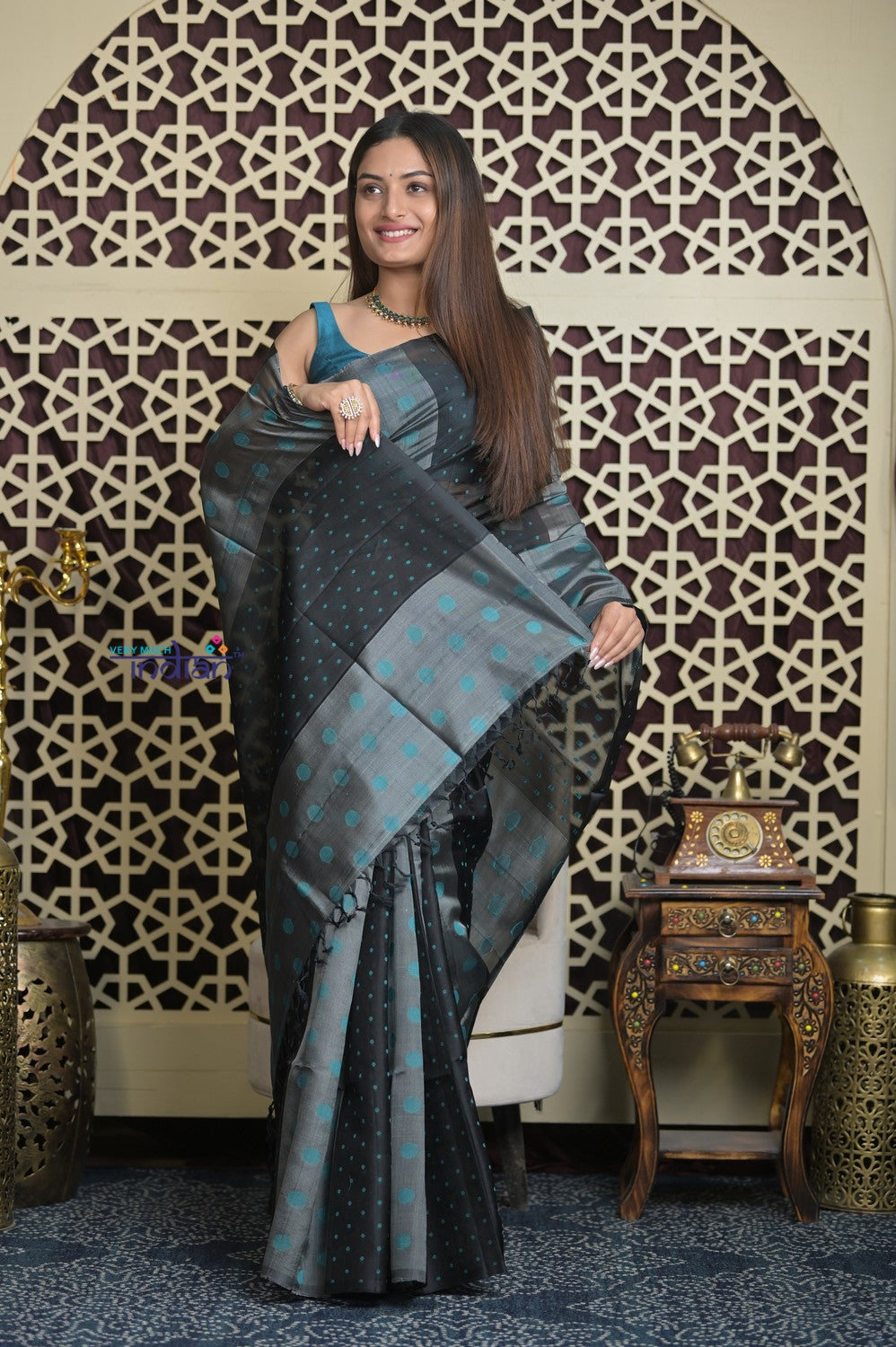 Shubh Lakshmi 2.0 ~ Designer Handloom Pure Soft Silk Saree in Black and Grey