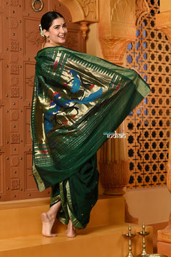 Shubh ~ Authentic Pure Cotton Handloom Nauvari Paithani Saree with Peacock Pallu in Dark Green - verymuchindian.com