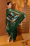 Shubh ~ Authentic Pure Cotton Handloom Nauvari Paithani Saree with Peacock Pallu in Dark Green - verymuchindian.com