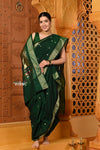 Shubh ~ Authentic Pure Cotton Handloom Nauvari Paithani Saree with Peacock Pallu in Dark Green - verymuchindian.com