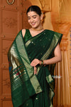 Shubh ~ Authentic Pure Cotton Handloom Nauvari Paithani Saree with Peacock Pallu in Dark Green - verymuchindian.com