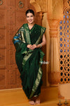 Shubh ~ Authentic Pure Cotton Handloom Nauvari Paithani Saree with Peacock Pallu in Dark Green - verymuchindian.com
