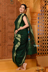 Shubh ~ Authentic Pure Cotton Handloom Nauvari Paithani Saree with Peacock Pallu in Dark Green - verymuchindian.com