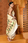 Shubh ~ Authentic Pure Silk Handloom Paithani Saree with Peacock Lotus Pallu in White (Available in Multicolor Peacock) - verymuchindian.com