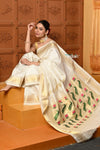 Shubh ~ Authentic Pure Silk Handloom Paithani Saree with Peacock Lotus Pallu in White (Available in Multicolor Peacock) - verymuchindian.com