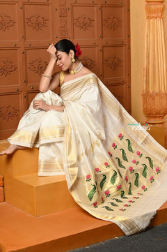 Shubh ~ Authentic Pure Silk Handloom Paithani Saree with Peacock Lotus Pallu in White (Available in Multicolor Peacock) - verymuchindian.com