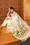 Shubh ~ Authentic Pure Silk Handloom Paithani Saree with Peacock Lotus Pallu in White (Available in Multicolor Peacock) - verymuchindian.com