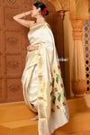 Shubh ~ Authentic Pure Silk Handloom Paithani Saree with Peacock Lotus Pallu in White (Available in Multicolor Peacock) - verymuchindian.com