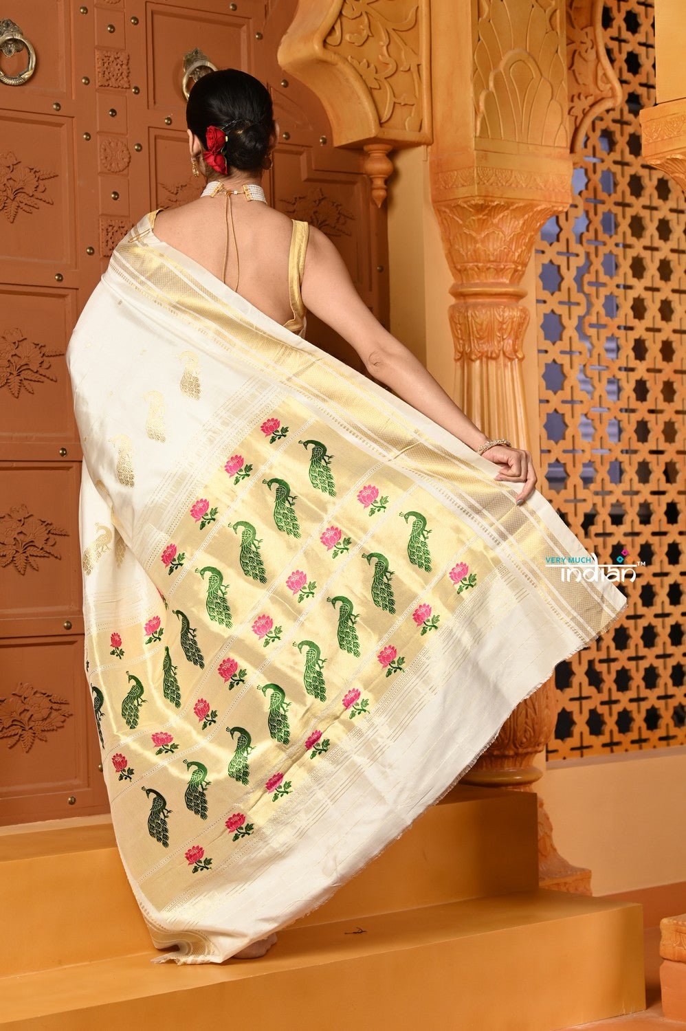 Shubh ~ Authentic Pure Silk Handloom Paithani Saree with Peacock Lotus Pallu in White (Available in Multicolor Peacock) - verymuchindian.com