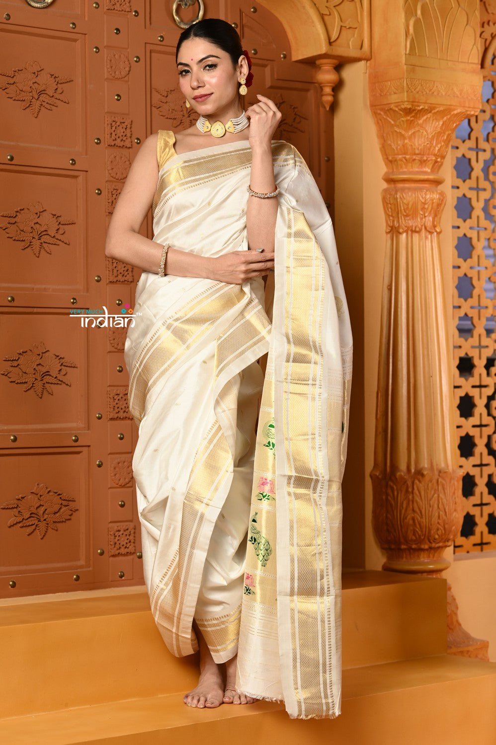Shubh ~ Authentic Pure Silk Handloom Paithani Saree with Peacock Lotus Pallu in White (Available in Multicolor Peacock) - verymuchindian.com