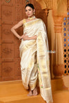 Shubh ~ Authentic Pure Silk Handloom Paithani Saree with Peacock Lotus Pallu in White (Available in Multicolor Peacock) - verymuchindian.com