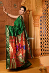 Shubh Chandrakor ~ Handloom Pure Silk Paithani Saree with Traditional Peacock Pallu ~ Royal Green - verymuchindian.com