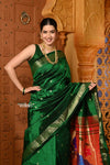 Shubh Chandrakor ~ Handloom Pure Silk Paithani Saree with Traditional Peacock Pallu ~ Royal Green - verymuchindian.com