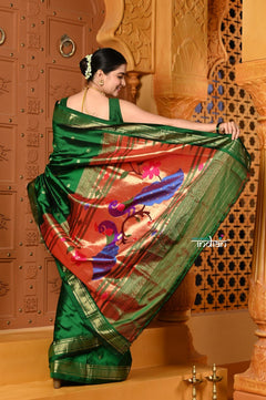 Shubh Chandrakor ~ Handloom Pure Silk Paithani Saree with Traditional Peacock Pallu ~ Royal Green - verymuchindian.com