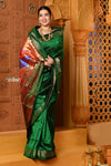 Shubh Chandrakor ~ Handloom Pure Silk Paithani Saree with Traditional Peacock Pallu ~ Royal Green - verymuchindian.com
