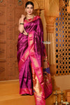 Shubh Chandrakor ~ Handloom Pure Silk Paithani Saree with Traditional Peacock Pallu ~ Royal Mauve - verymuchindian.com
