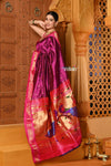 Shubh Chandrakor ~ Handloom Pure Silk Paithani Saree with Traditional Peacock Pallu ~ Royal Mauve - verymuchindian.com