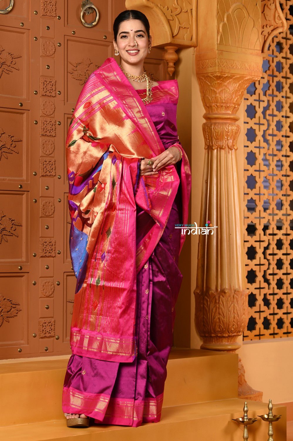 Shubh Chandrakor ~ Handloom Pure Silk Paithani Saree with Traditional Peacock Pallu ~ Royal Mauve - verymuchindian.com
