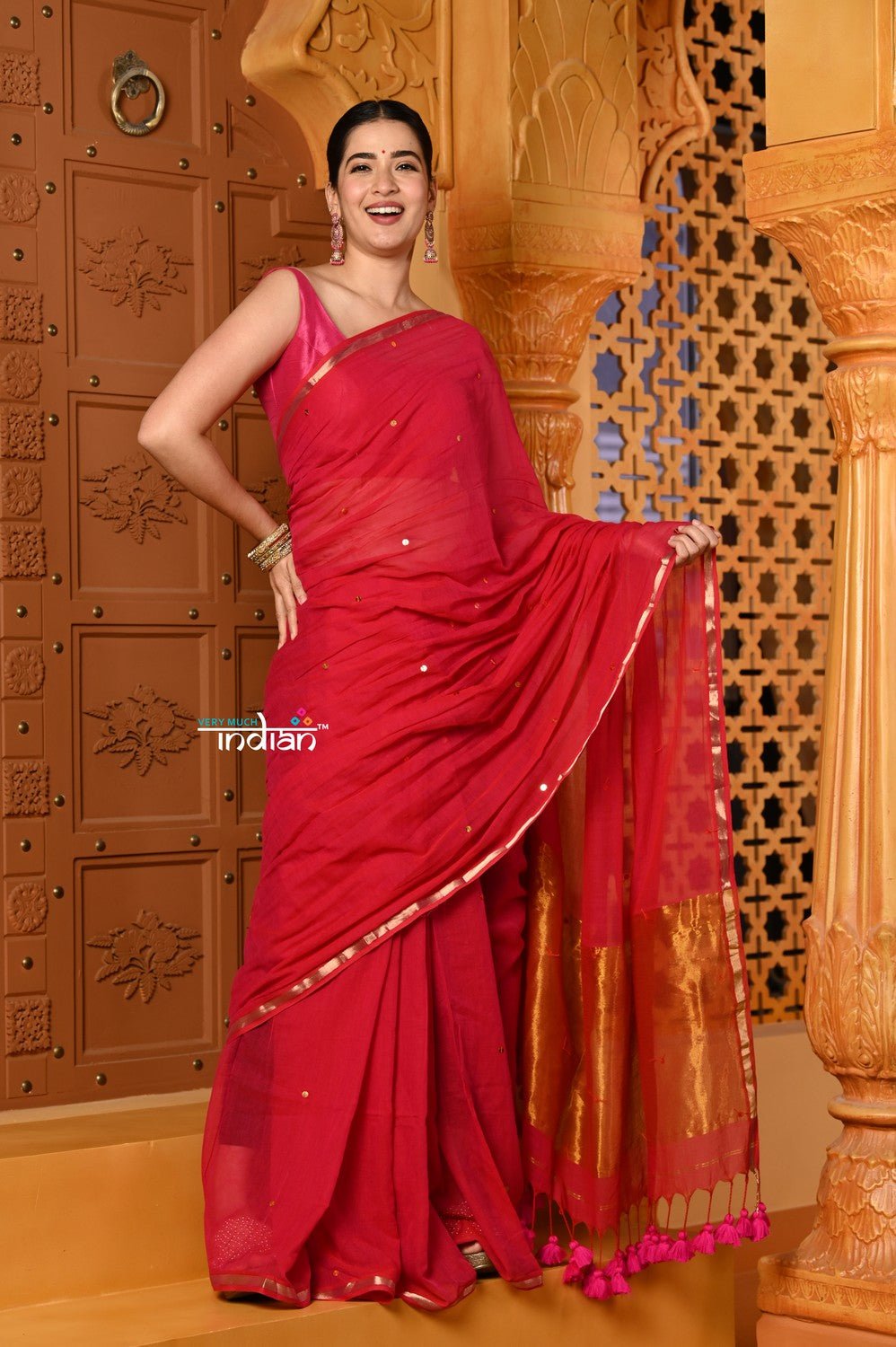 Shubh ~ Designer! High Quality Pure Mul Cotton Handloom Saree - Rich Red - verymuchindian.com