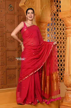 Shubh ~ Designer! High Quality Pure Mul Cotton Handloom Saree - Rich Red - verymuchindian.com