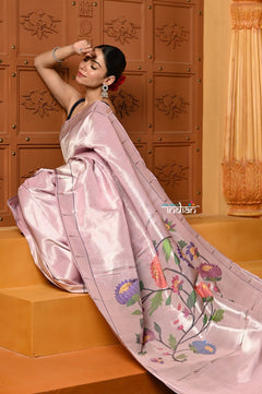 Shubh- Exclusive Handloom Pure Silk Muniya Border Paithani With Tissue Lines and Grand Lotus Pallu ~ Lilac - verymuchindian.com