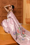 Shubh- Exclusive Handloom Pure Silk Muniya Border Paithani With Tissue Lines and Grand Lotus Pallu ~ Lilac - verymuchindian.com