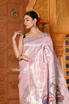 Shubh- Exclusive Handloom Pure Silk Muniya Border Paithani With Tissue Lines and Grand Lotus Pallu ~ Lilac - verymuchindian.com