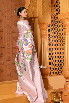 Shubh- Exclusive Handloom Pure Silk Muniya Border Paithani With Tissue Lines and Grand Lotus Pallu ~ Lilac - verymuchindian.com