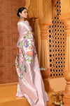 Shubh- Exclusive Handloom Pure Silk Muniya Border Paithani With Tissue Lines and Grand Lotus Pallu ~ Lilac - verymuchindian.com