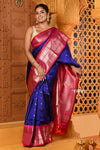Shubh ~ Gadwal Pure Silk Handloom Saree in Royal Blue with Rose Pink - verymuchindian.com