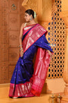 Shubh ~ Gadwal Pure Silk Handloom Saree in Royal Blue with Rose Pink - verymuchindian.com