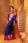Shubh ~ Gadwal Pure Silk Handloom Saree in Royal Blue with Rose Pink - verymuchindian.com