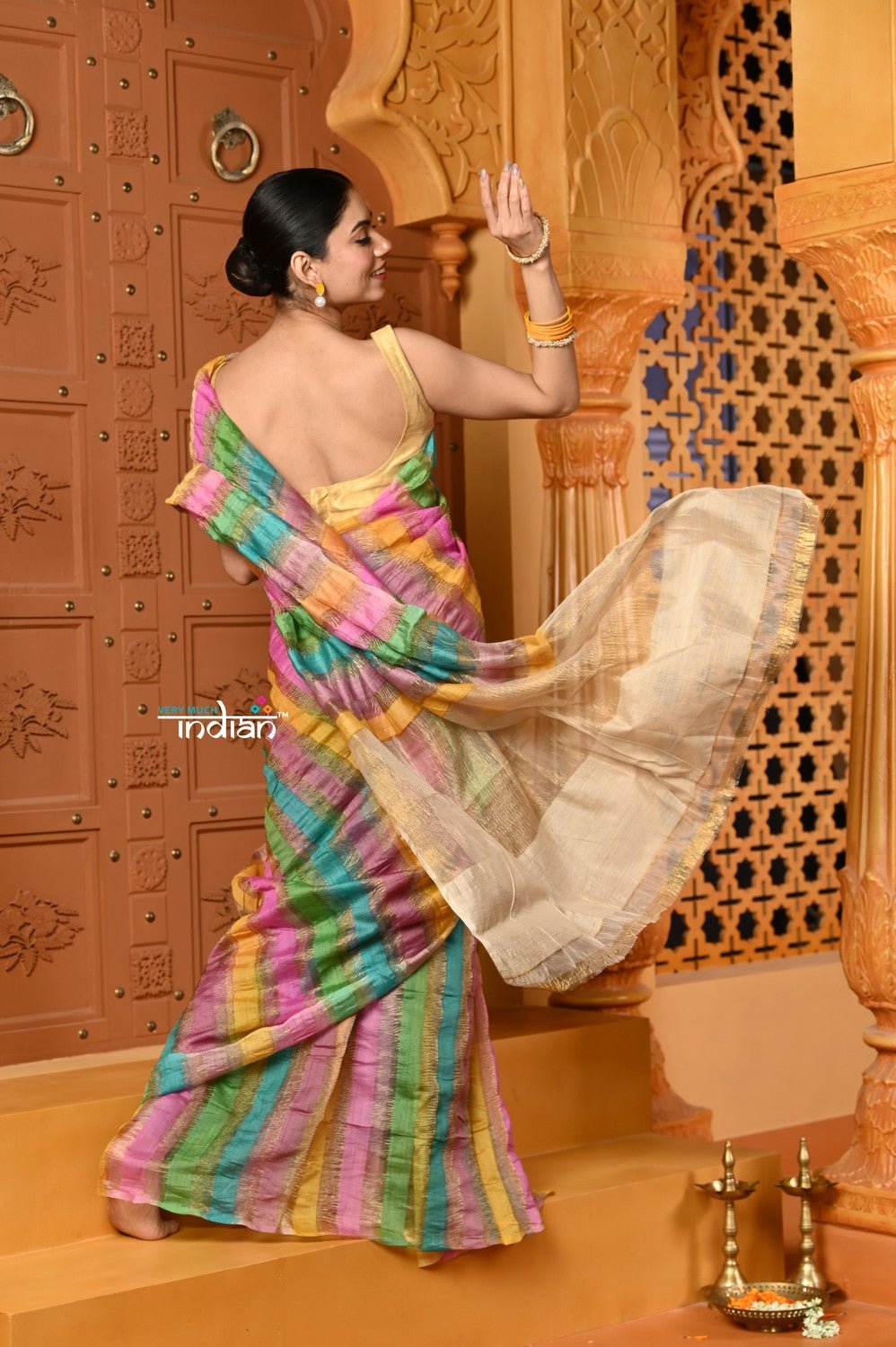 Shubh~ Golden Earth ~ Munga Silk Saree in Rang Kaath Multicolor with Subtle Stripes - verymuchindian.com