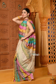 Shubh~ Golden Earth ~ Munga Silk Saree in Rang Kaath Multicolor with Subtle Stripes - verymuchindian.com