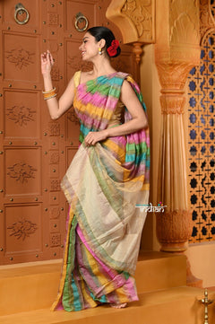 Shubh~ Golden Earth ~ Munga Silk Saree in Rang Kaath Multicolor with Subtle Stripes - verymuchindian.com
