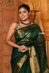 Shubh ~ Handloom Cotton Silk Saree with Golden Border in Exclusive Royal Green - verymuchindian.com