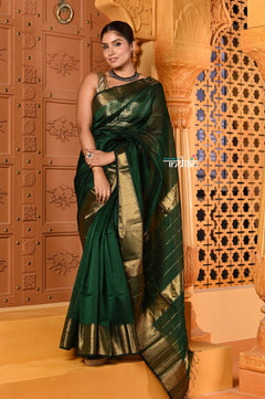 Shubh ~ Handloom Cotton Silk Saree with Golden Border in Exclusive Royal Green - verymuchindian.com
