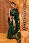 Shubh ~ Handloom Cotton Silk Saree with Golden Border in Exclusive Royal Green - verymuchindian.com