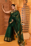 Shubh ~ Handloom Cotton Silk Saree with Golden Border in Exclusive Royal Green - verymuchindian.com