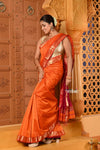 Shubh ~ Handloom Cotton Silk Saree with Golden Border in Exclusive Saphire Orange with Contrast Pallu - verymuchindian.com